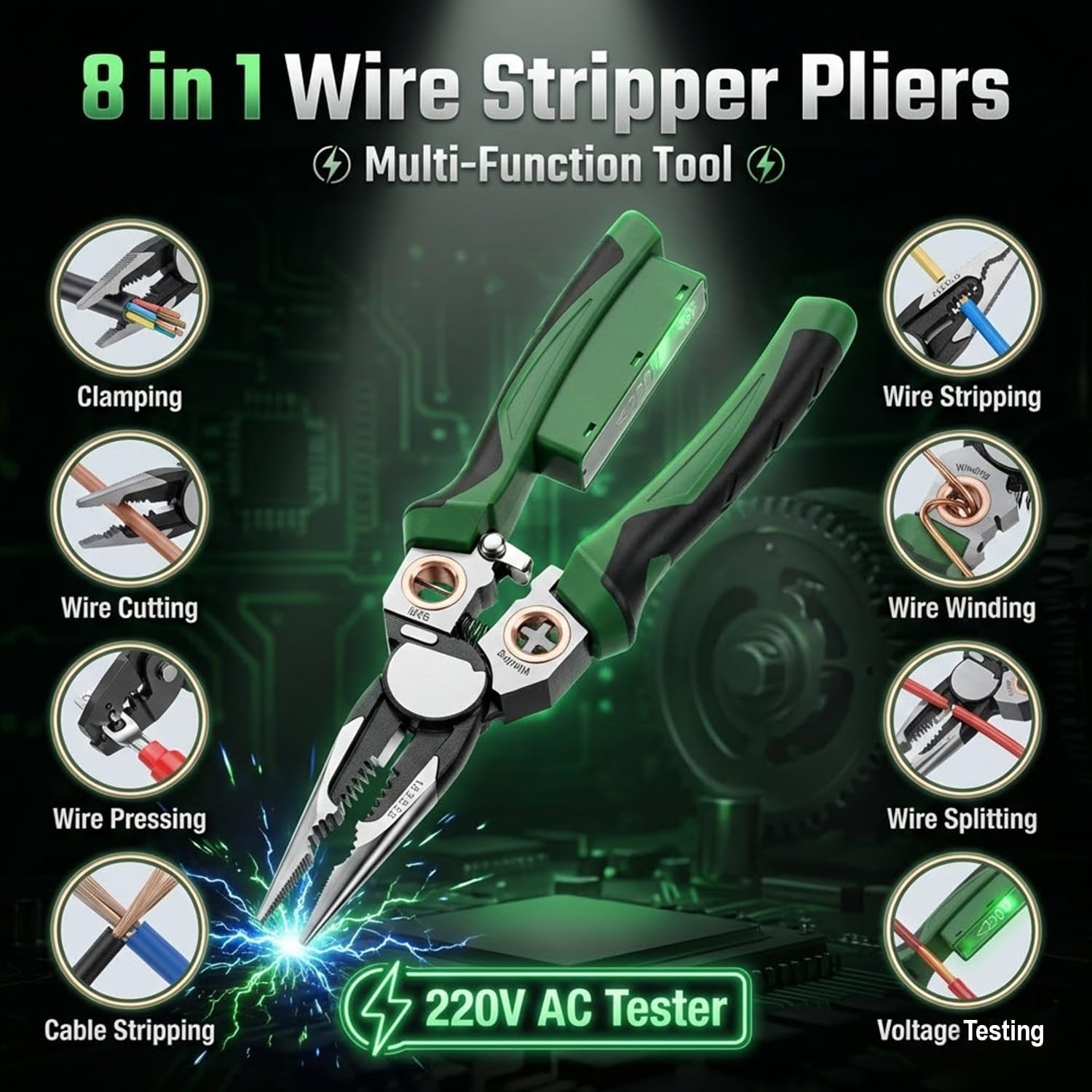 8-in-1 Multi-Function Wire Stripper, 9 Inch Electrician Wire Stripping Pliers with Voltage Tester, Cutter and Crimping Tool, Heavy Duty Electrical Hand Tool for Home and Professional Use