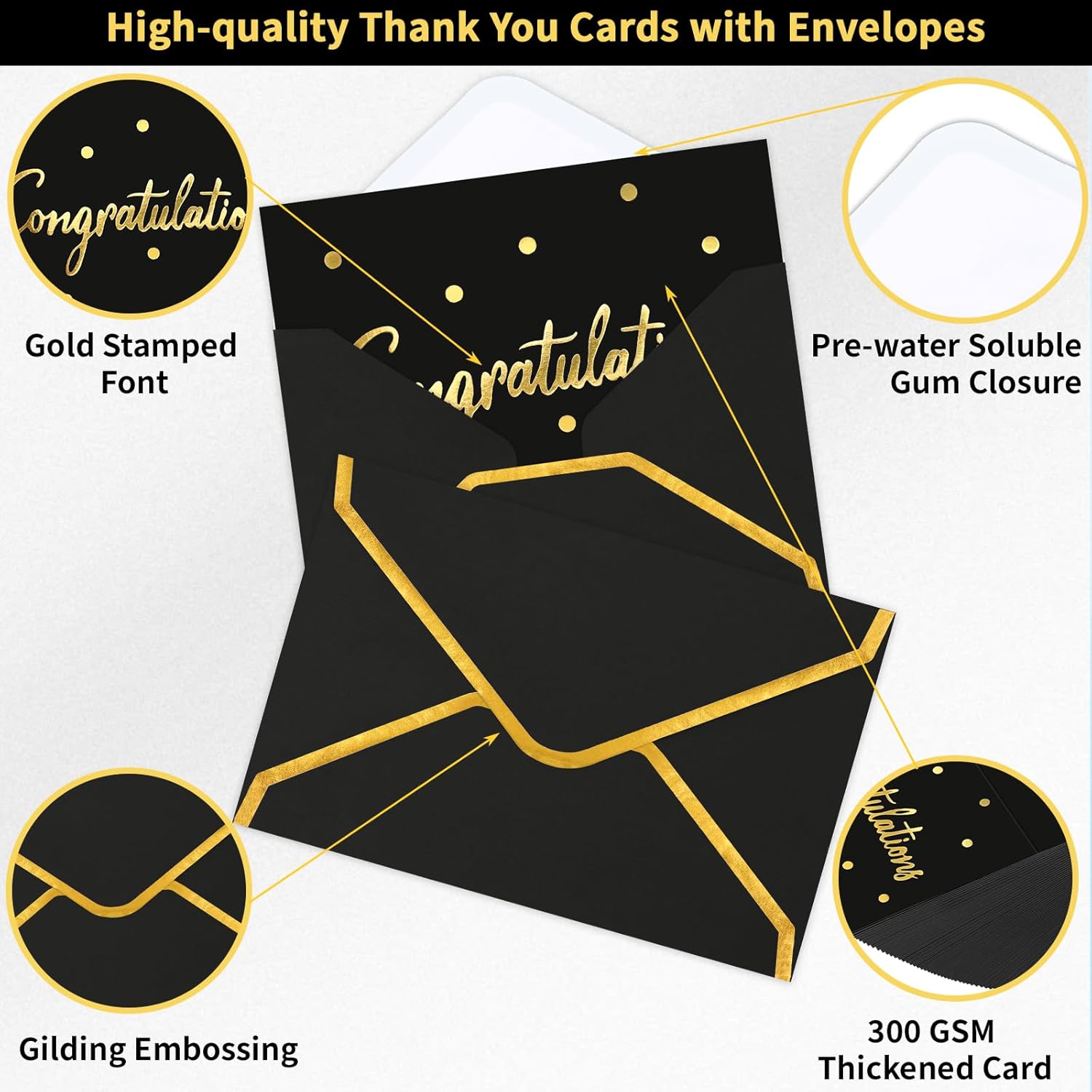 200 PCS Congratulations Cards Bulk with Envelopes, 4x6 Inch Greeting Cards Gold Foil Letterpress Blank Congratulations Cards for Wedding Birthday Baby Shower Bridal Shower Graduation New Year Black
