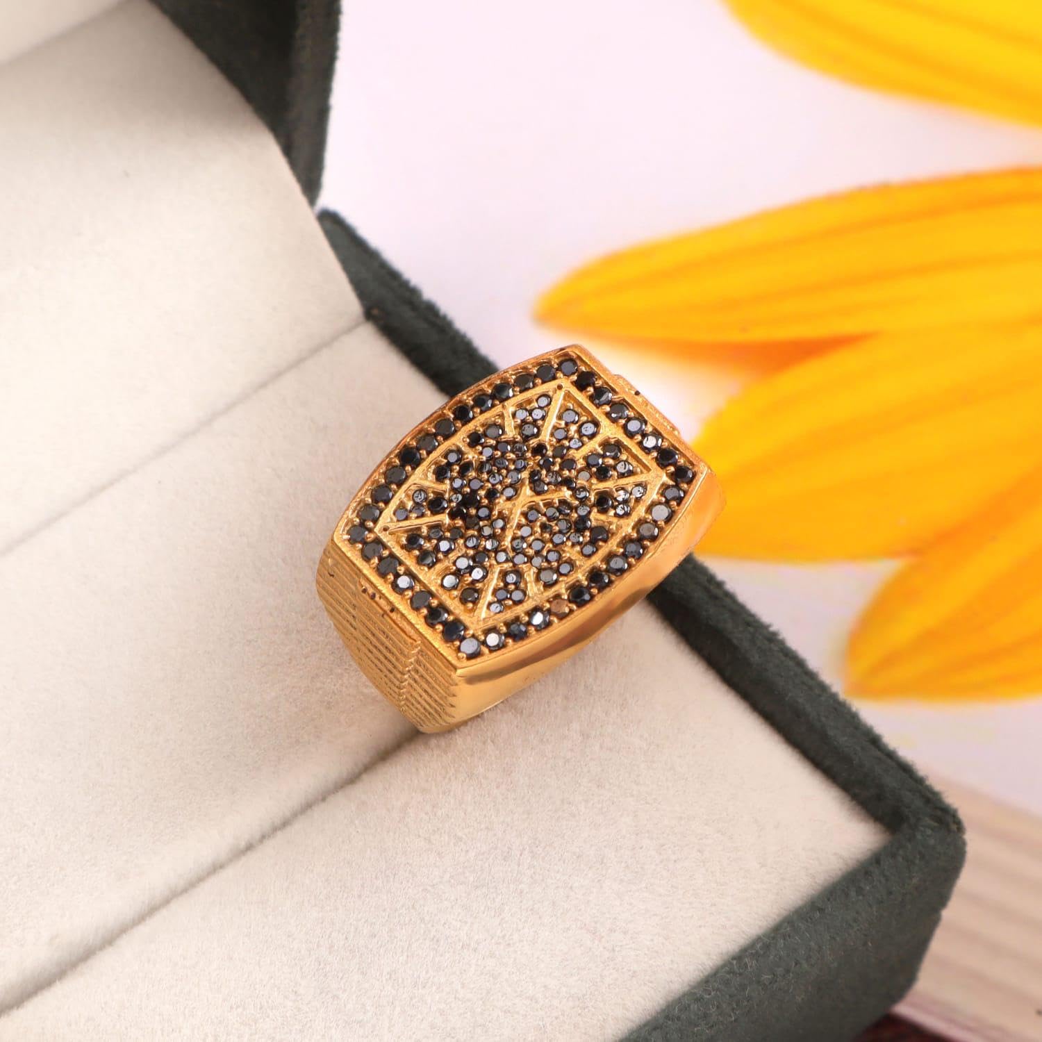 PRAGATI ENTERPRISES HUB 14.00 Carat Natural Black Moissanite Ring – 925 Sterling Silver Gold Plated Band Ring, Unisex Gemstone Statement Ring for Men & Women