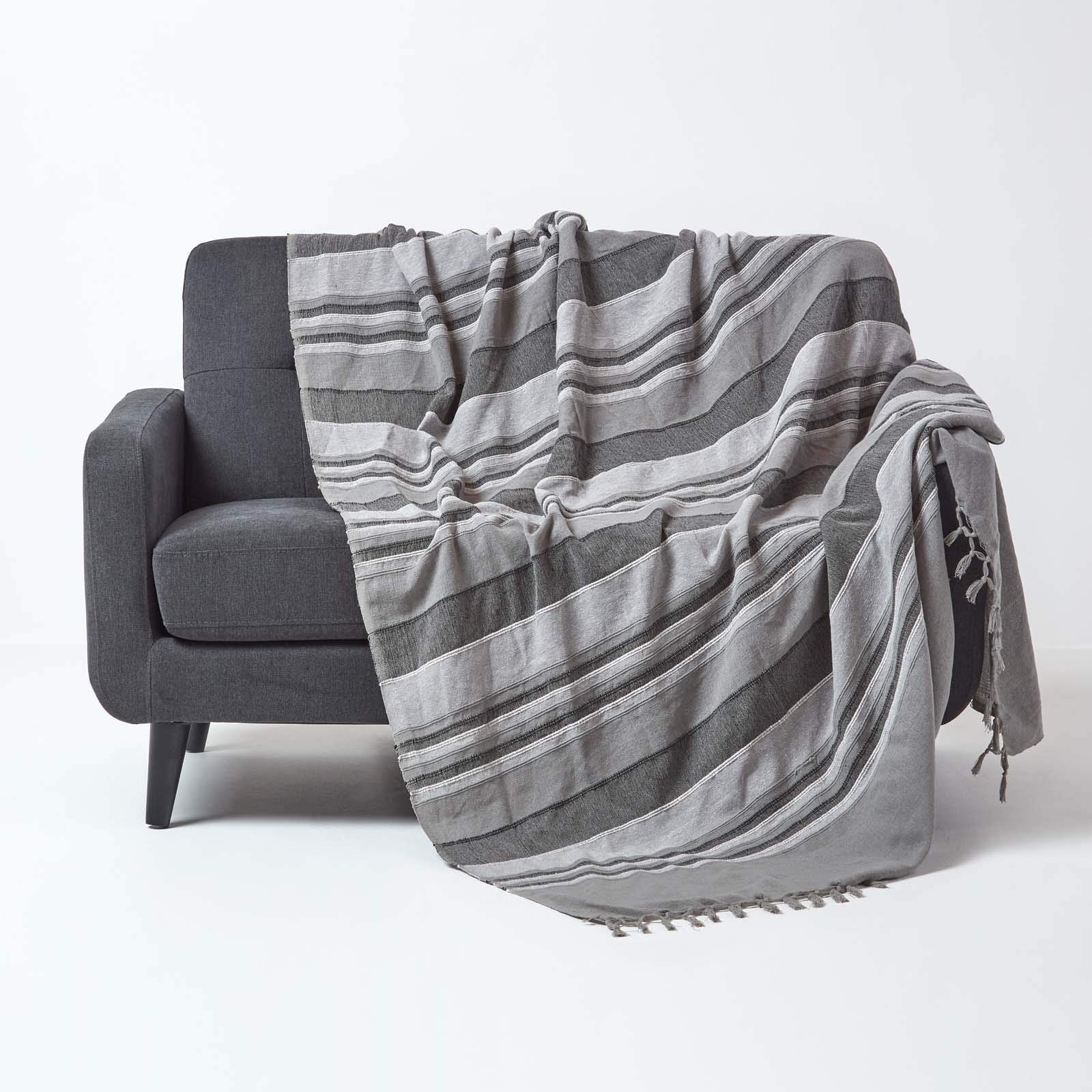 Homescapes Grau 100% Cotton Morocco Throw, 150 X 200 Cm, Grey, Stripes, For Bed Or Sofa, Handcrafted, Oeko-Tex Certified, 59 X 78"