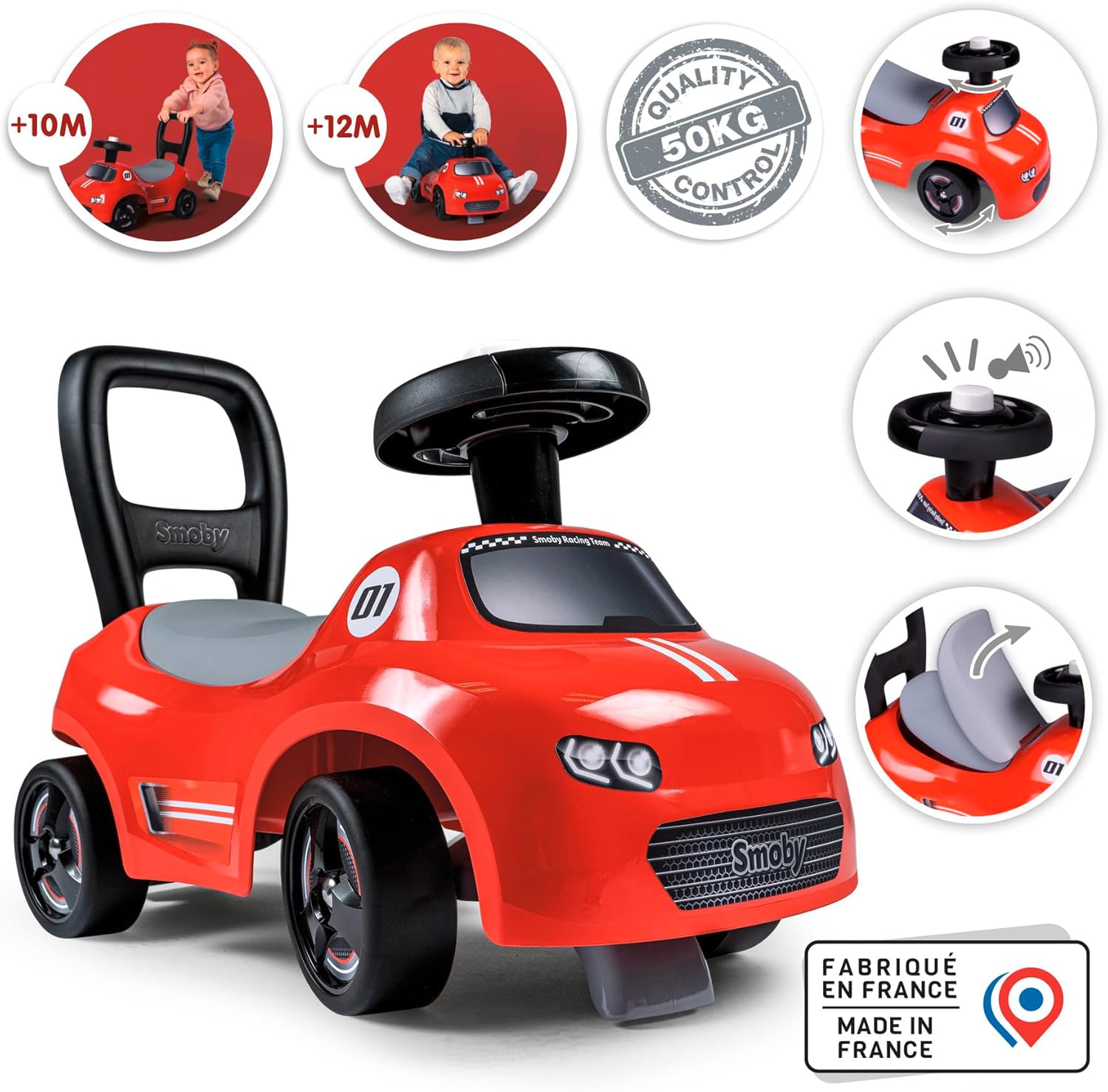 Smoby Red Ride, 10 Months, Soft Lines, Modern Look and Integrated Steering Wheel Horn (7600720541)
