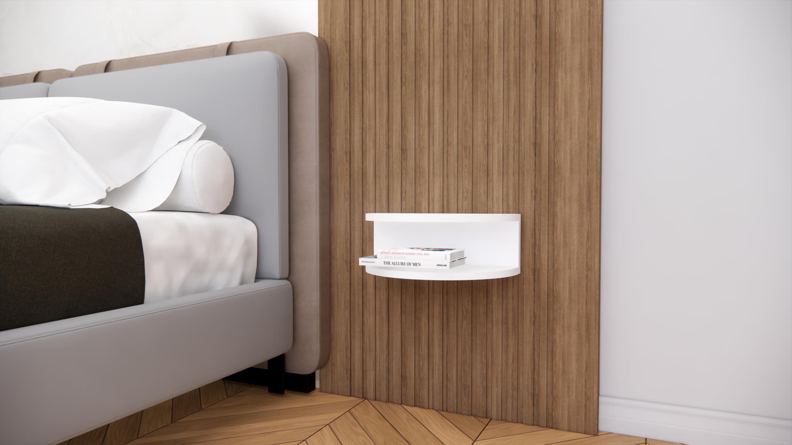 Modern Wall Mounted Bedside Table | Curved Floating Nightstand Shelf | Space Saving Wooden Bed Side Table for Bedroom (White)-image-49