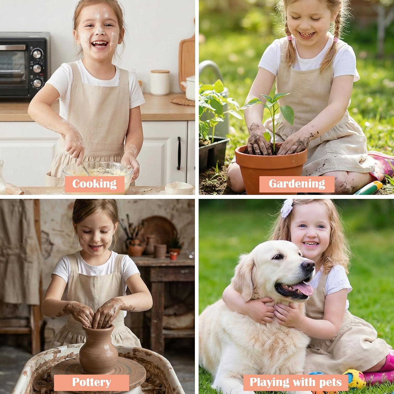 Kids Cross Back Apron with Pockets, Toddler Apron for Girls and Boys, Japanese Style Pinafore Aprons for Toddler Painting, Cooking, Baking, Gardening - Beige - Image 5