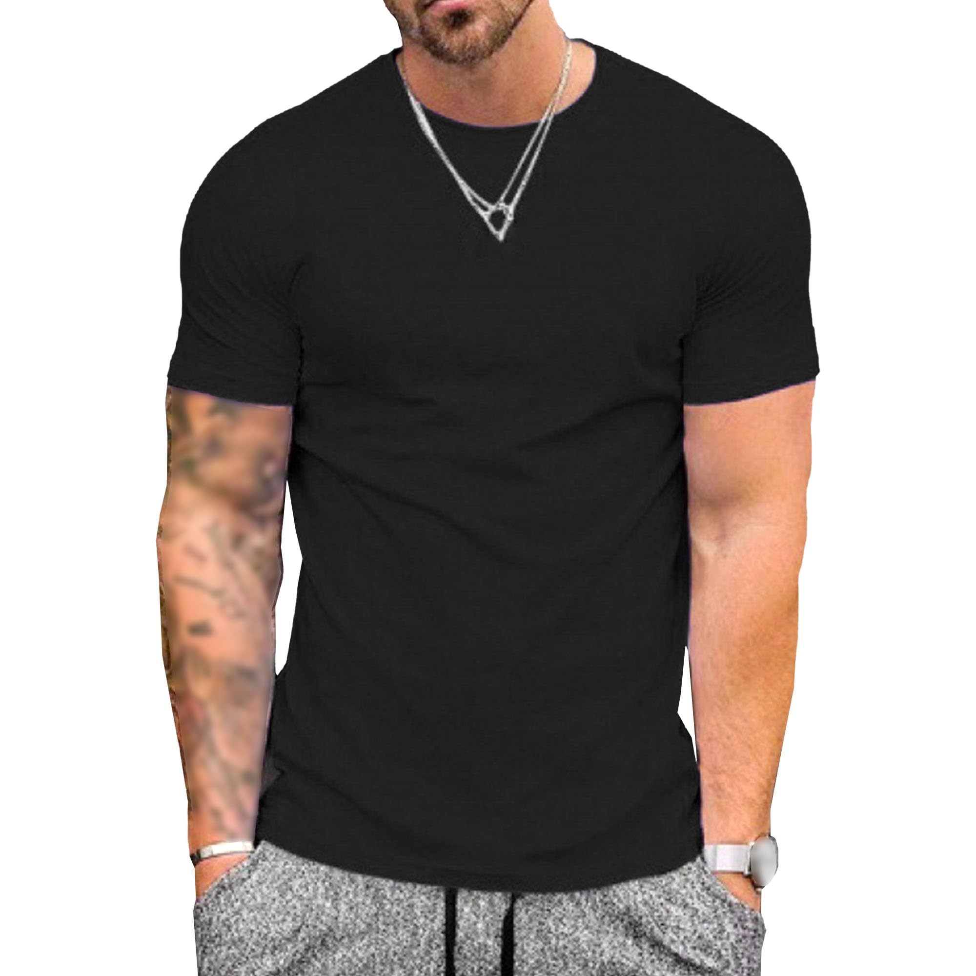 Men Solid Slim Sports Round Collar T-Shirt Short Sleeve Simple Style Shirt Summer Classic Breathable Training Tops (Black,5X-Large)
