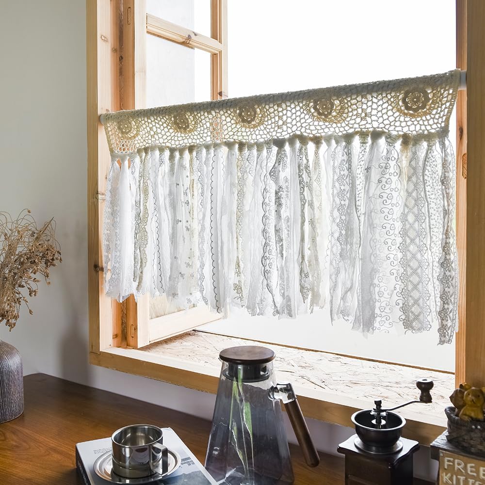 YJ YANJUN Boho Valances for Windows Handmade Cotton Crochet Lace Valance for Living Room Hollow Cafe Curtains 16 Inch Long Macrame Kitchen Curtain Wall Decor, 16″ L x 40″ W Ivory & Beige