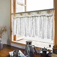 YJ YANJUN Handmade Boho Crochet Lace Valance 16x40 Inch Ivory Beige - Cotton Window Curtain for Kitchen Living Room Decor