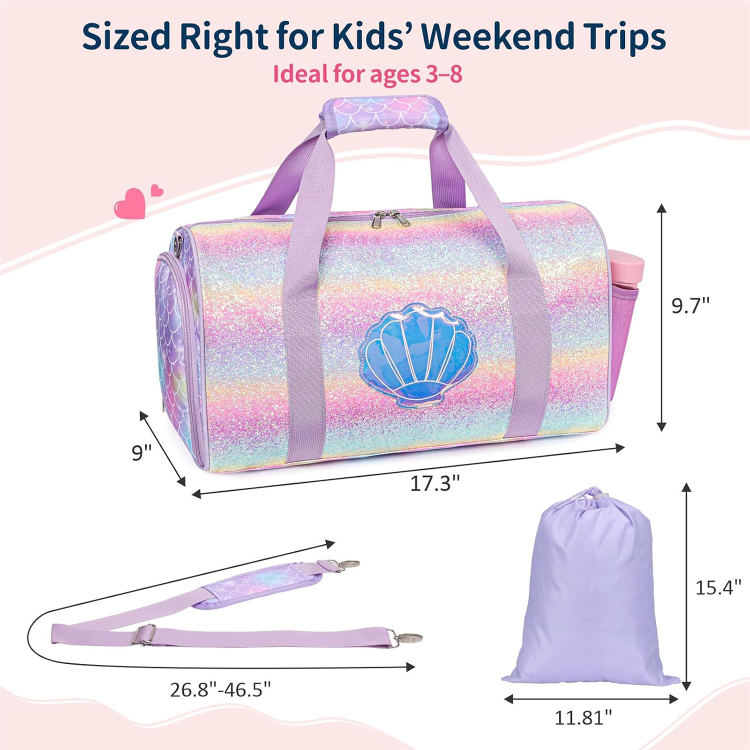 Kids Travel Duffle Bag - Girls Weekender Bag for 3-8 Year Olds with Adjustable Padded Strap and Shoe Compartment & Wet Pocket for Dance Ballet Gymnastics Overnight Sports(Purple Mermaid)
