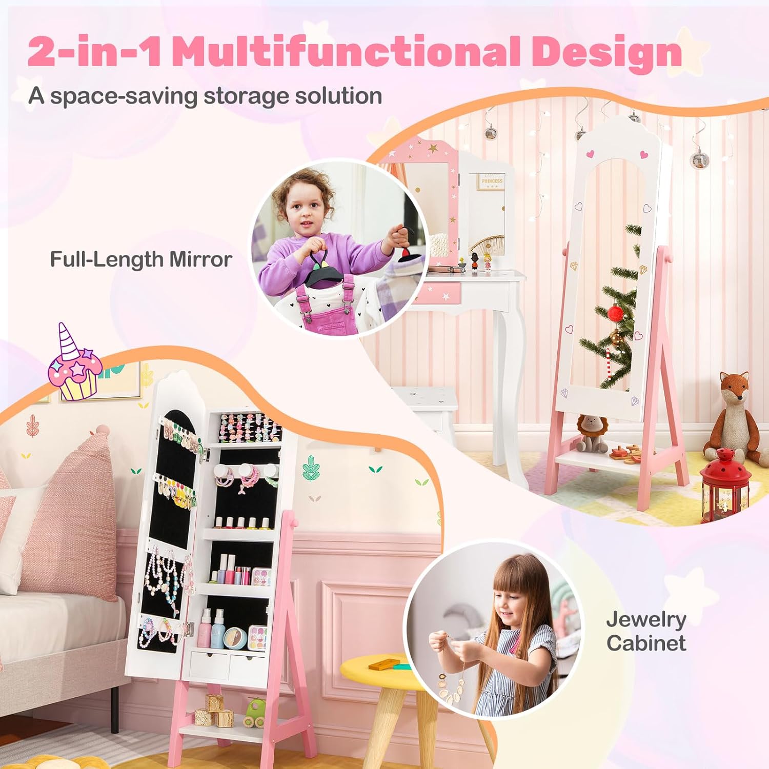 HONEY JOY Kids Jewelry Armoire Cabinet, Wooden Free Standing Jewelry Organizer w/Full-length Mirror and Storage Drawers, Storage Shelves, Children Dress Up Jewelry Cabinet for Little Girls (White)