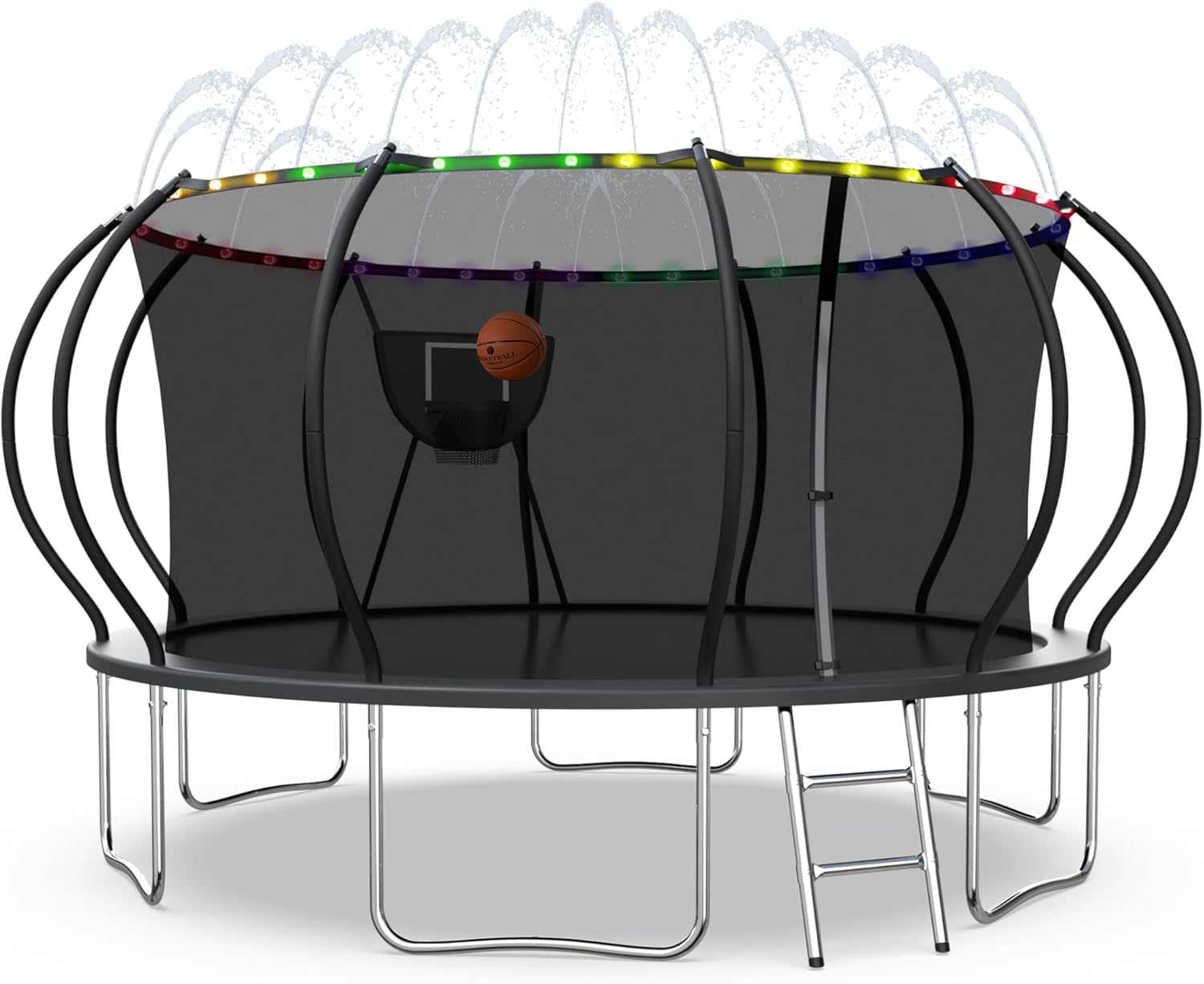 Upgraded 1500LBS Outdoor Rebounder System with Basketball Hoop, Lights & Sprinkler, 12/14/16FT Heavy-Duty Jump Mat for All Ages, ASTM Certified for Family Backyard, Easy Assembly