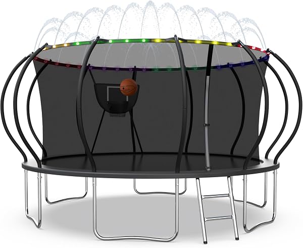 Elitezip Upgraded 1500LBS Outdoor Rebounder System with Basketball Hoop, Lights & Sprinkler, 12/14/16FT Heavy-Duty Jump