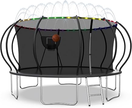 Upgraded 1500LBS Outdoor Rebounder System with Basketball Hoop, Lights & Sprinkler, 12/14/16FT Heavy-Duty Jump Mat for All Ages, ASTM Certified for Family Backyard, Easy Assembly