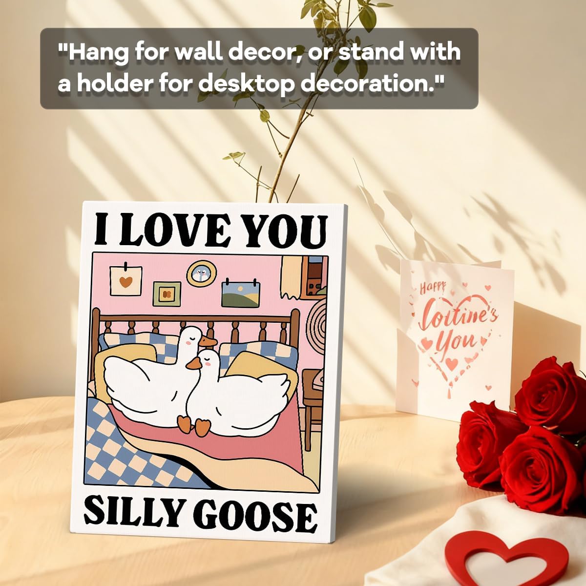 Silly goose couple in bed cartoon Art Print, Cute Valentines Day Canvas Wall Art, Valentines Day Wall Decor for bedroom kids room, Love Poster Gift, Ready to hang 8x10 inch Wrapped Framed image 5