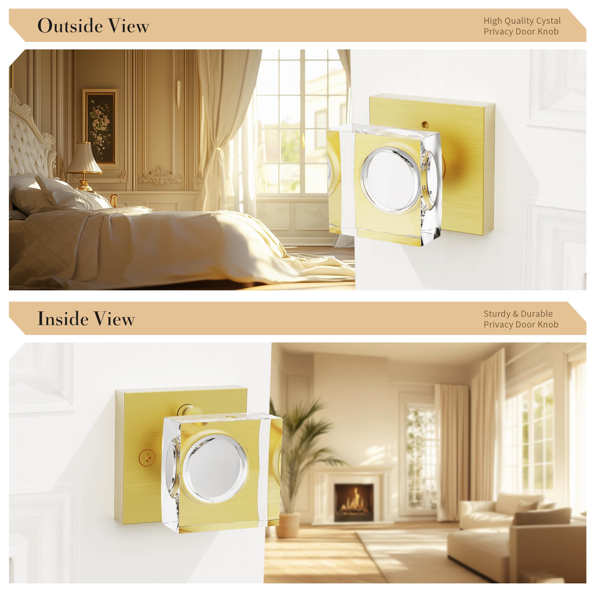 Brushed Gold Door Knobs - Crystal & Modern Design -4