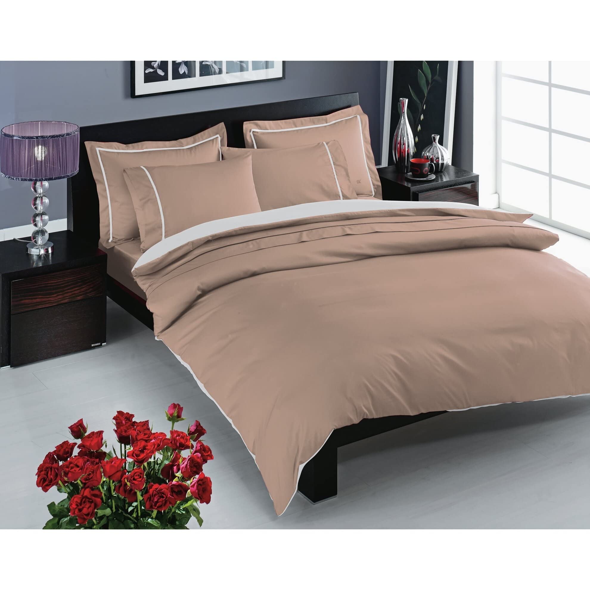 Taç Prestige Saten Delux Düz %100 Pamuk Saten Nevresim Takımı, Cappucino, Çift Kişilik