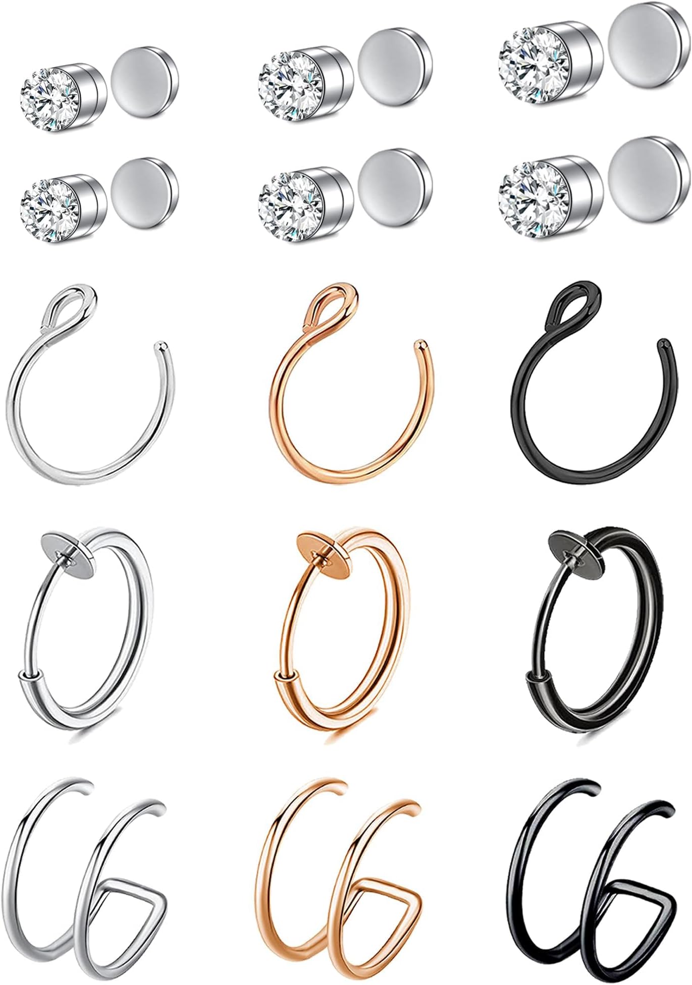 Fake Nose Ring Hoop Fake Nose Stud Magnetic Septum Nose Ring Stud Stainless Steel CZ Fake Nose Piercing Stud Faux Nose Ear Lip Cuffs Non Pierced Jewelry for Women Men