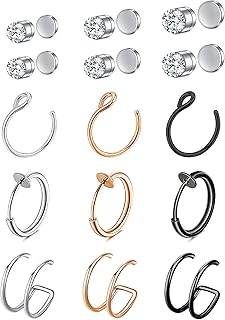 Fake Nose Ring Hoop Fake Nose Stud Magnetic Septum Nose Ring Stud Stainless Steel CZ Fake Nose Piercing Stud Faux Nose Ear Lip Cuffs Non Pierced Jewelry for Women Men