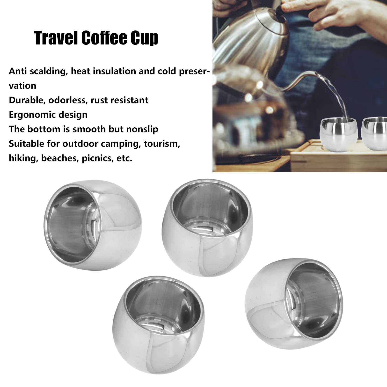 Jwthee 4PCS Stainless Steel Coffee Mug, Mini Coffee Cup 5oz Double Wall Espresso Cups Camping Mug Tea Cup for Home Camping Travel