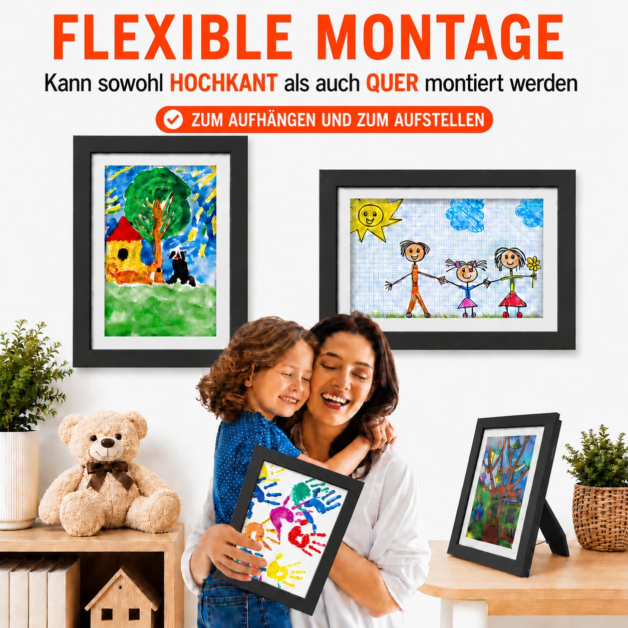 BALA® Schwarz Bilderrahmen A4 – 2er Set Wechselrahmen für Kinderzeichnungen & Kunstwerke, mit Frontöffnung zum Aufklappen, ideal für Kita & Schule, zum Aufhängen oder Aufstellen, für 120+ Bilder