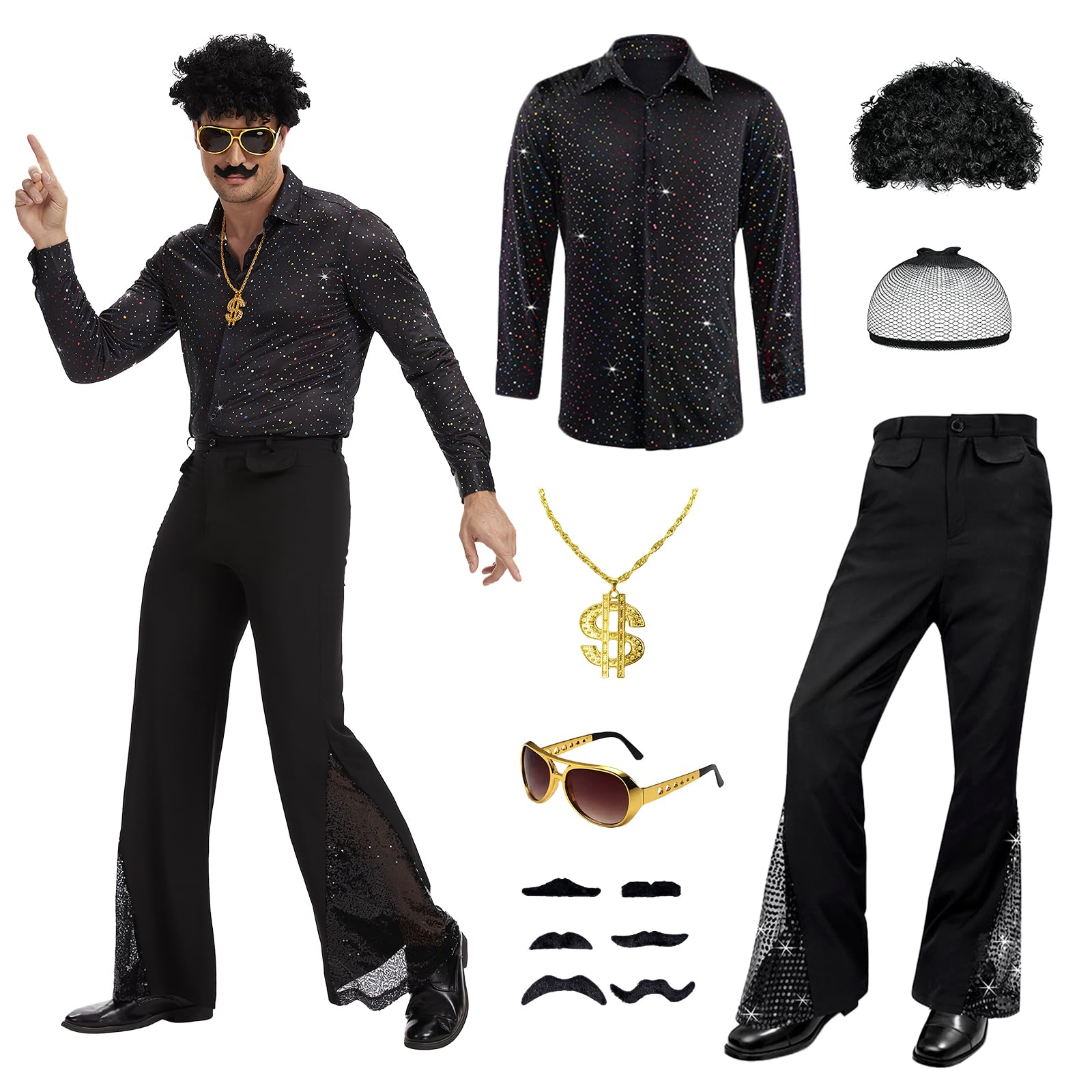 JDFAIJEAL Disco Hippie Costume Set for Adults- Retro 70s-80s Style Outfit with Shirt, Pants, Afro Wig, Necklace,Hippie Funky Sunglasses& Beard Sticker (Black, S)