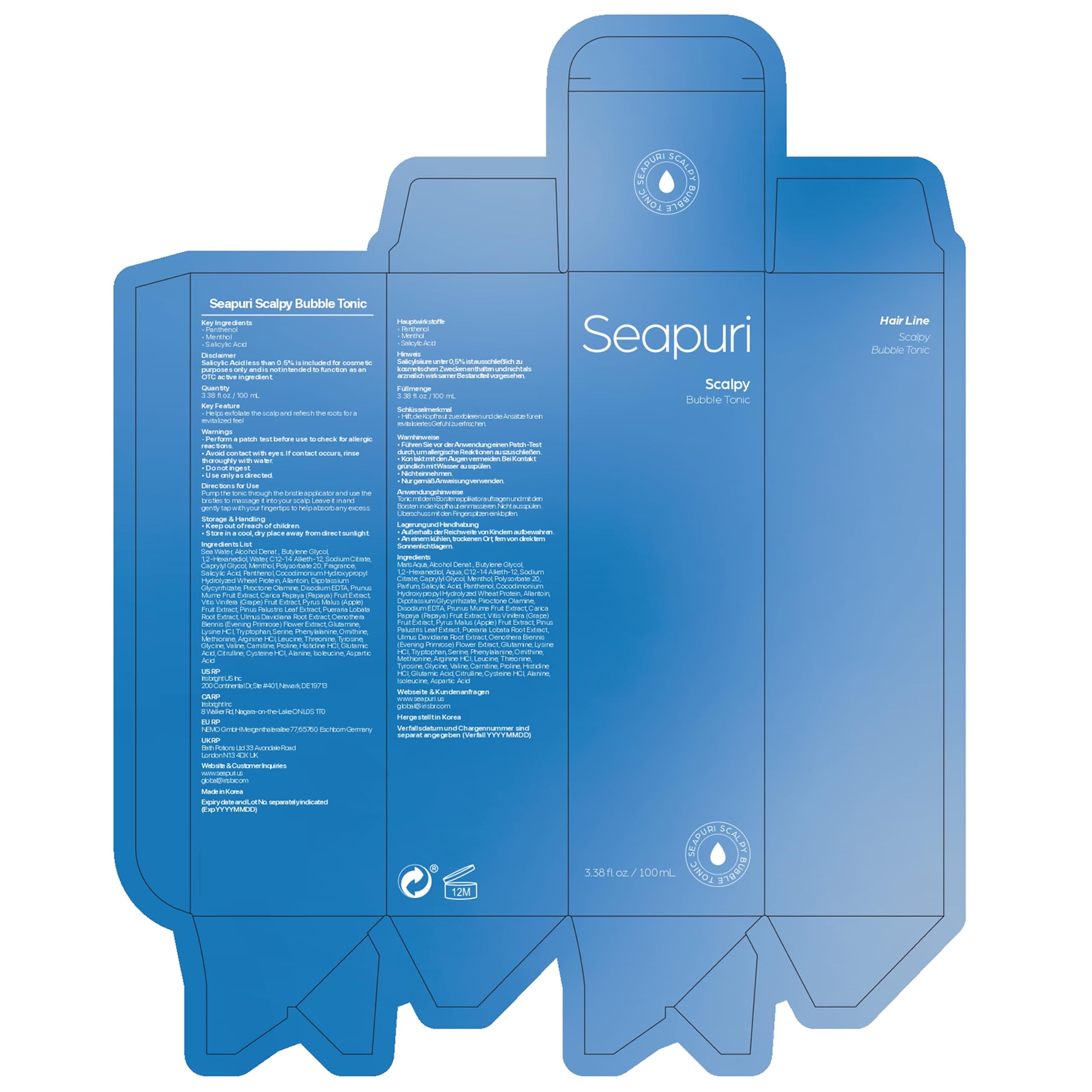Seapuri Scalpy Anti Dandruff Bubble Tonic | Pour hommes et femmes | Itchy Scalp avec acide salicylique, menthol, dexpanthénol | Non gras, léger pour la perte et la décoloration des cheveux