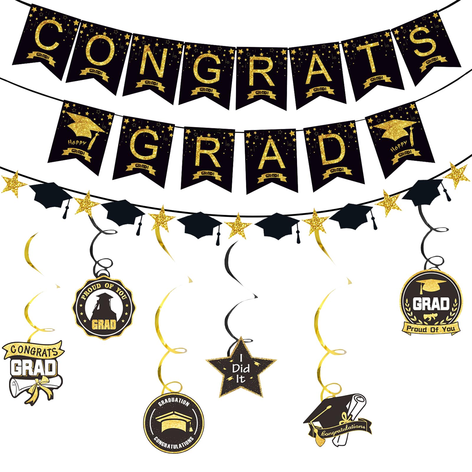 3PCS Congrats Grad Banner CHUNLINLAODA-Graduation Congrats Grad Banners Black Golden Grad Hat Paper Garland Congrats Grad Bunting Banner Sign for School Graduation Decoration Supplies (Black and gold)