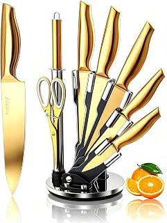 8-Piece Gold Kitchen Knife Set With Black Block Luxury Gifts