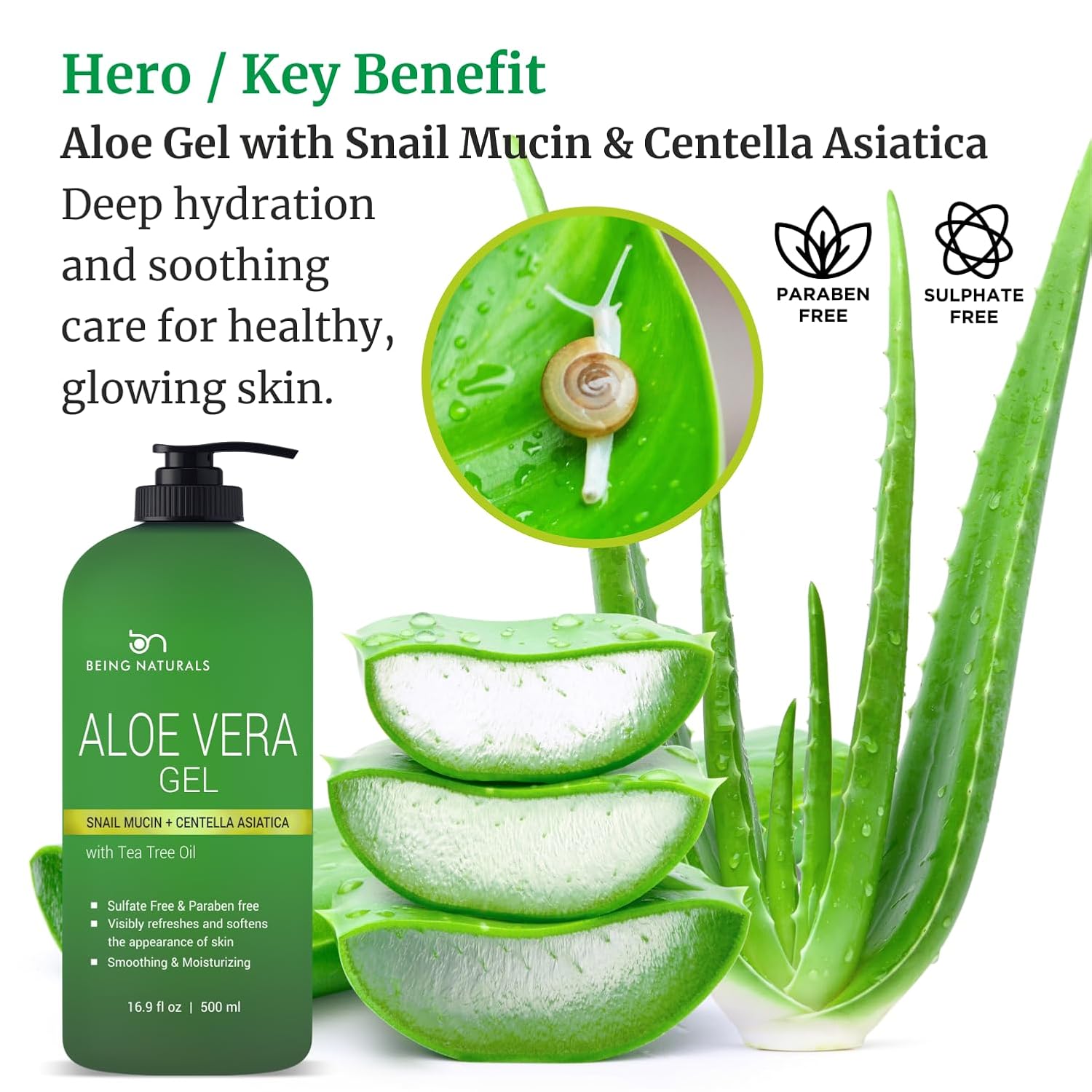 Being Naturals Aloe vera Gel - from 100% Pure Organic Aloe Infused with Snail Mucin/Centella Asiatica - Natural Raw Moisturizer for Face, Body, Hair. Perfect for Sunburn, Acne, Razor Bumps 16.9 fl oz - Image 2