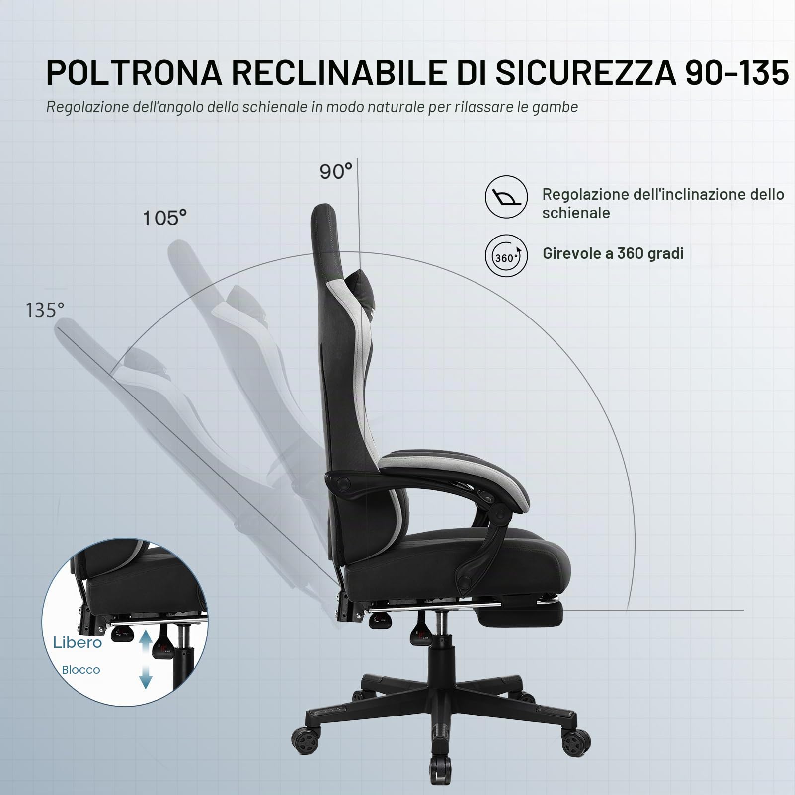 GTPLAYER Sedia da gaming, ergonomica, da scrivania, con superficie in tessuto, cuscino a molla, braccioli di collegamento e poggiapiedi, Nero