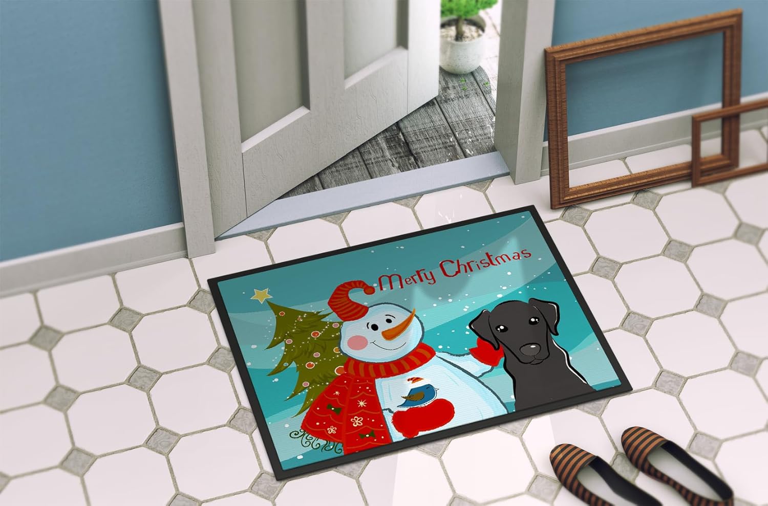 Caroline's Treasures BB1855MAT Snowman with Black Labrador Doormat 18x27 Front Door Mat Indoor Outdoor Rugs for Entryway, Non Slip Washable Low Pile, 18H X 27W