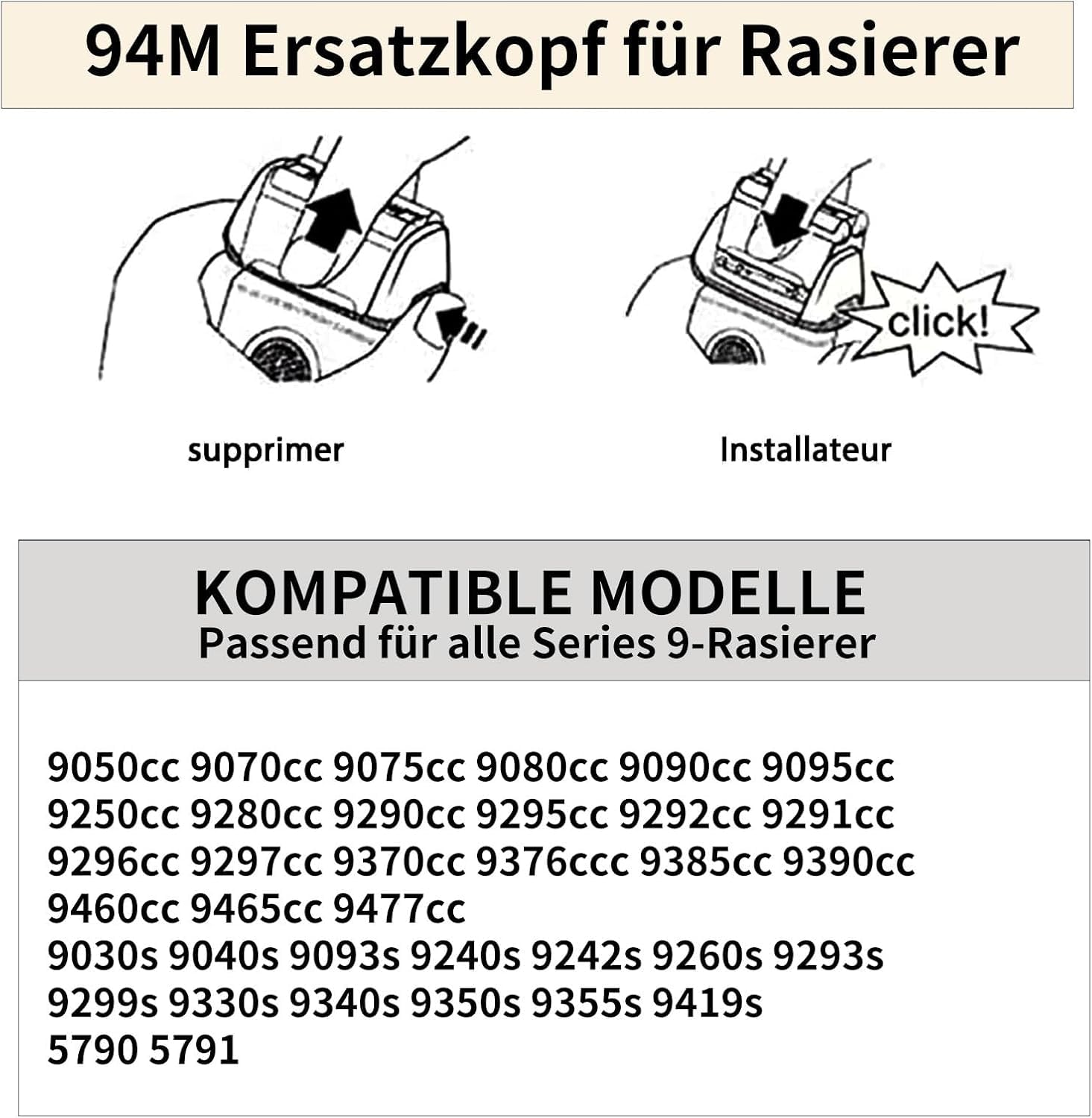 Scherkopf 94M für Braun Series 9, Ersatzscherkopf kompatibel mit Braun Series 9 Pro S9 Elektrorasierer, Rasierklinge passend für 9465cc, 9417s, 9390cc, 9290cc, 9095cc