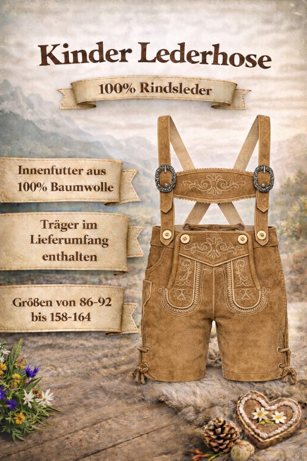 PAULGOS Kinder Trachten Lederhose KK1 + Träger, Echtes Leder, Gr. 86-164