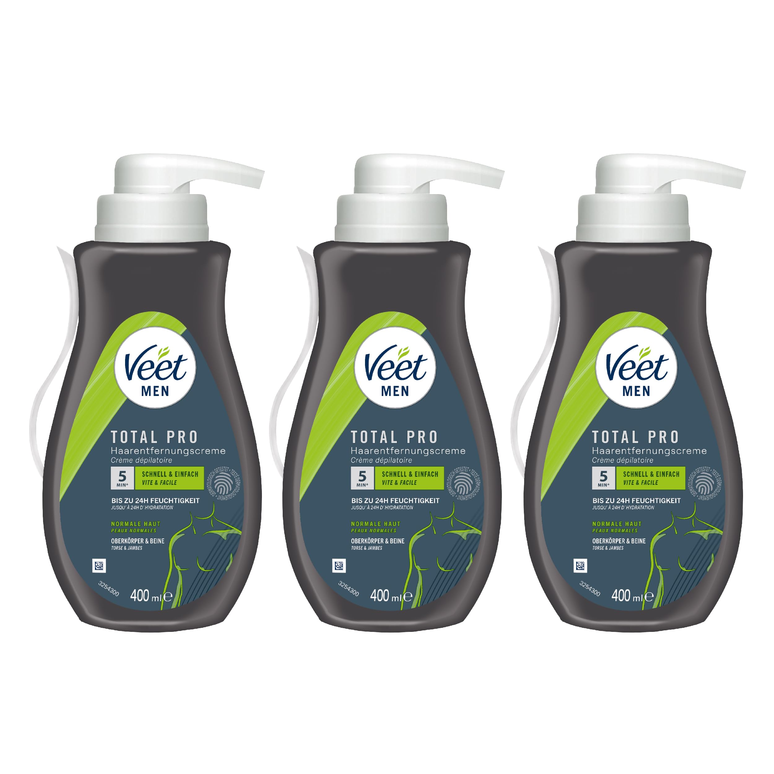 Veet Men Haarentfernungscreme - 3er Pack für Oberkörper & Beine - Enthaarungscreme für Männer, Haarentfernung in 5-10 Minuten - 3 x 400 ml Spender inkl. Spatel