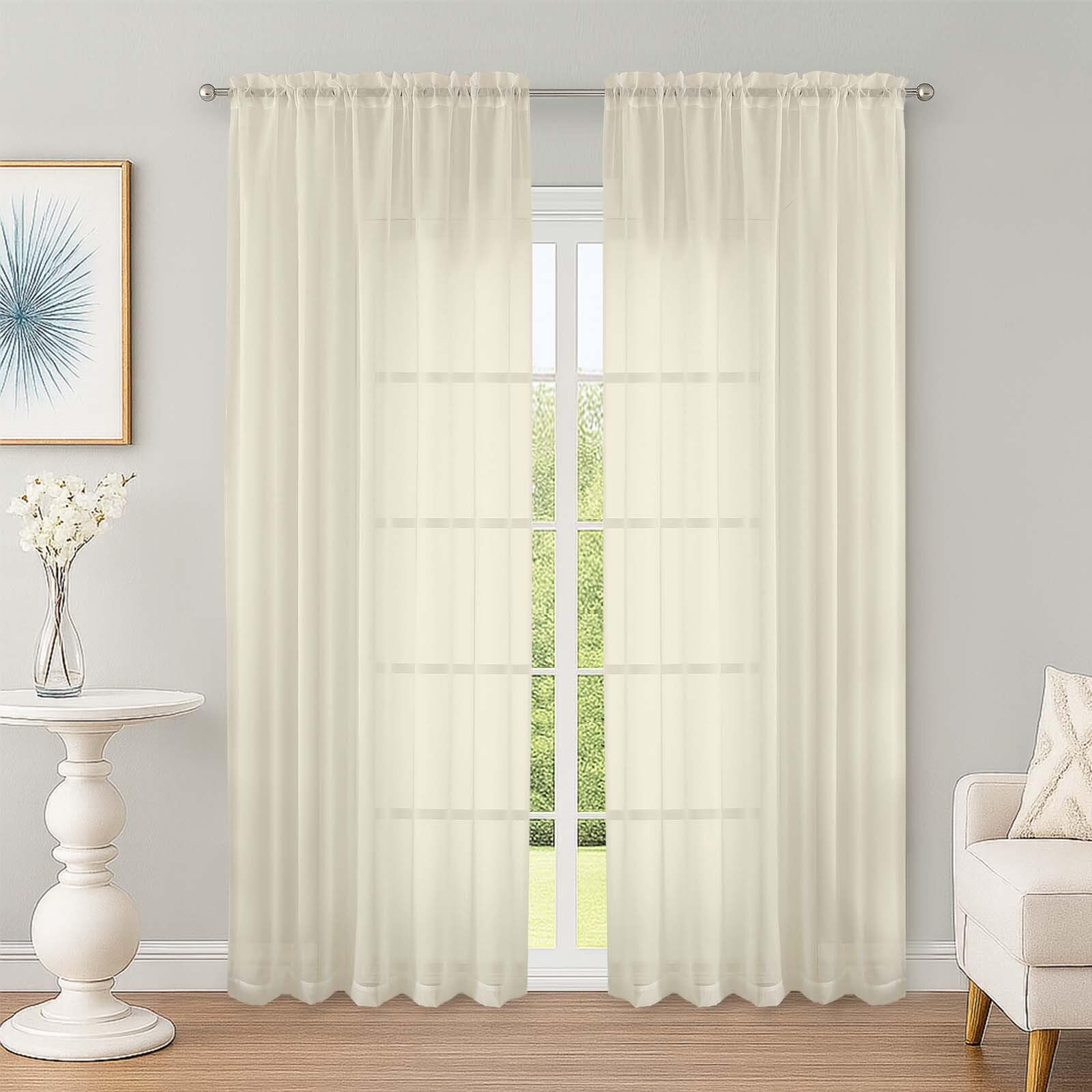 Sheer Curtains 84 Inches Long 2 Panels Set, Sheer Cream Curtains for Living Room Bedroom 59 Inch Extra Wide, Modern Voile Filmy Rod Pocket Drapes, 2 Pcs, Each 59 W x 84L, Cream
