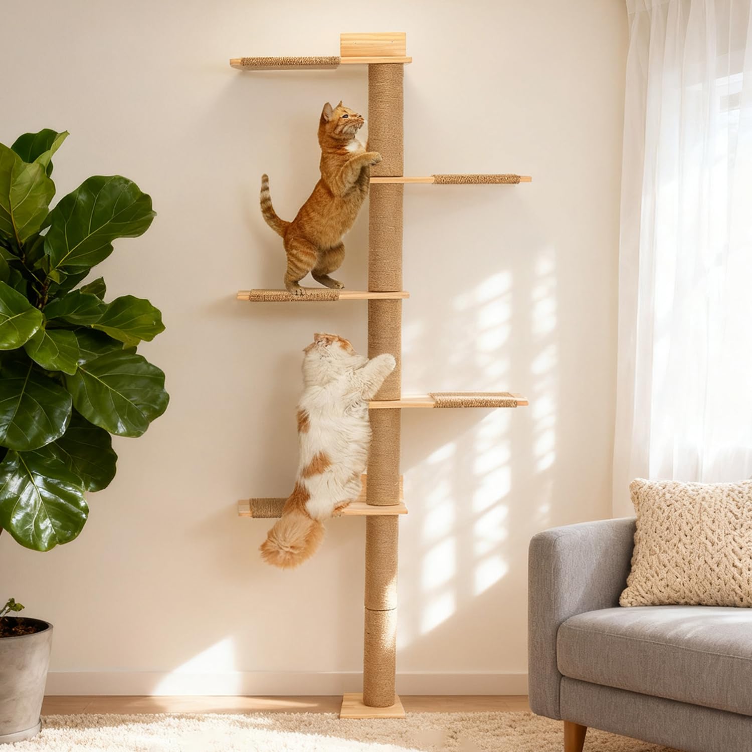 Rascador Grande de 205 cm, Pared de Escalar para Gatos, Ajustable en Altura, Torre para Gatos de 5 Niveles, árbol de Gatos montado en la Pared para Que los Gatos escalen y rasquen