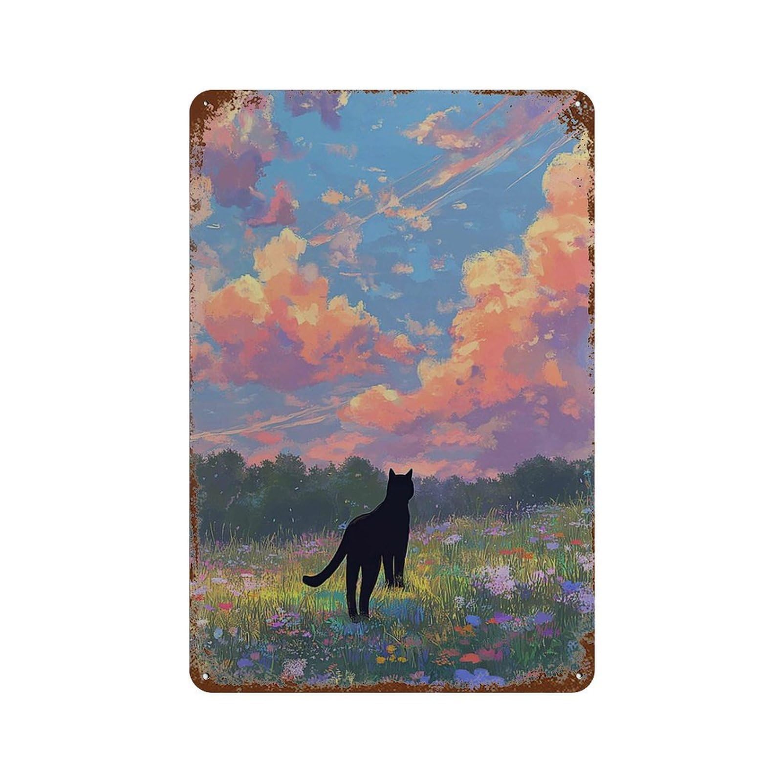 xiaoxiaoshen Black Cat Wildflower Field Whimsical Painting Dreamy Sunset Sky Nursery Lover Wall Decor Art Metal Tin Poster Modern Home Decor Art Home Bar Shop Decorations Vintage Sign 30x20cm