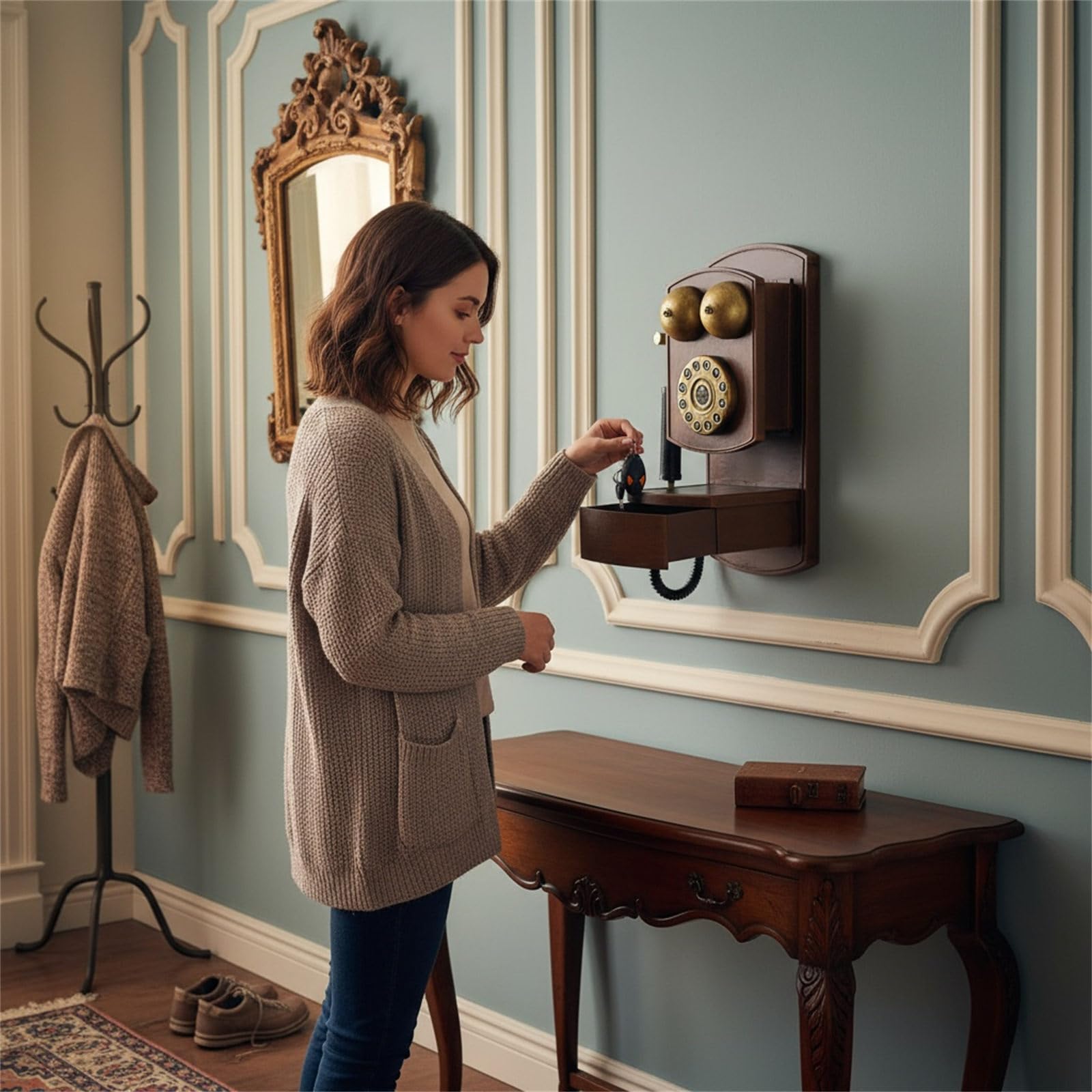 Retro Klassisches Wandtelefon mit Schnur, antikes Festnetztelefon mit Aufbewahrungsbox, modernes Homeoffice
