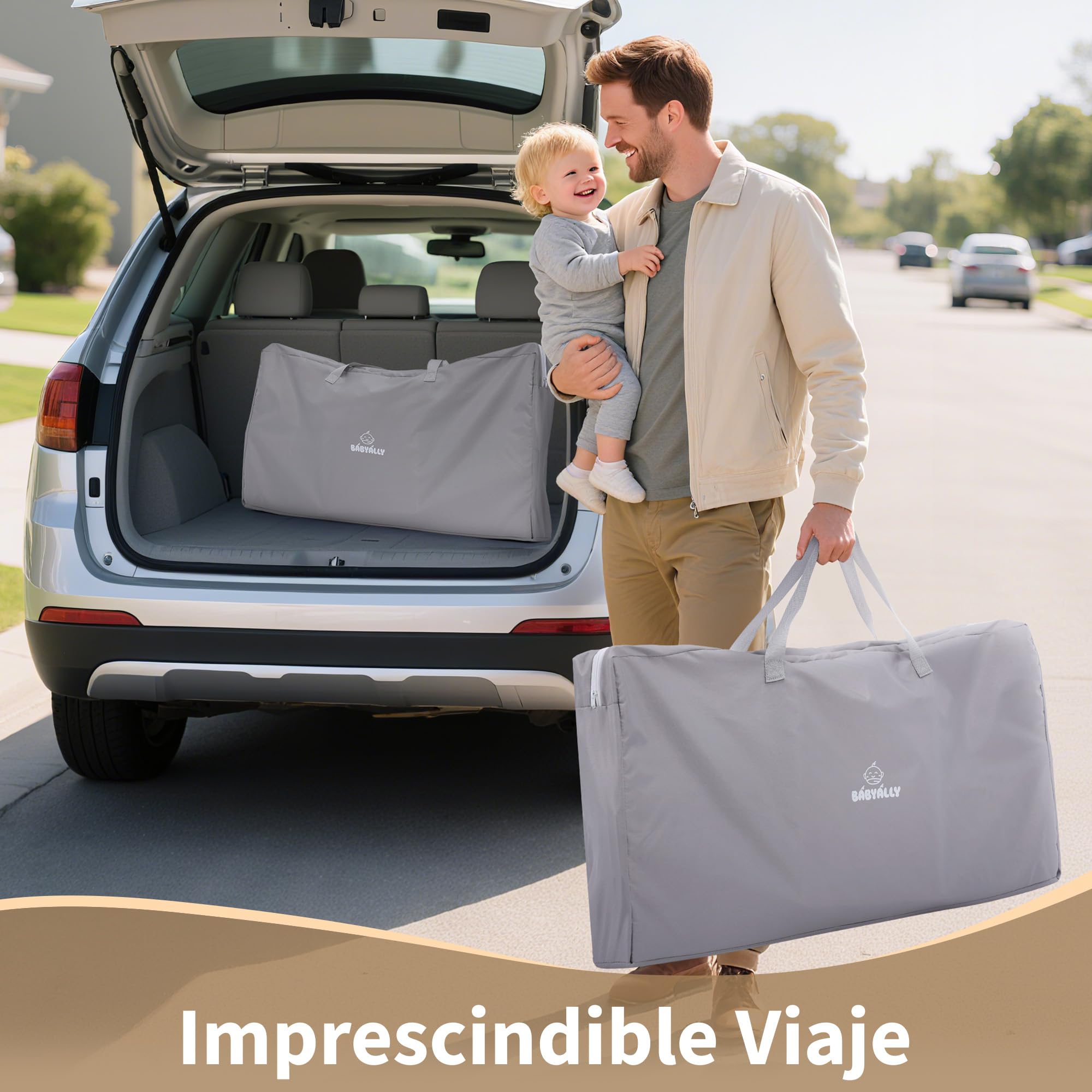 2 en 1 Barrera de Cama Abatible 185cm, Cuna Colecho con Bolsa de Transporte Viaje para Viajar o Vacaciones - Sin instalación, Fácil de Transportar - Gris