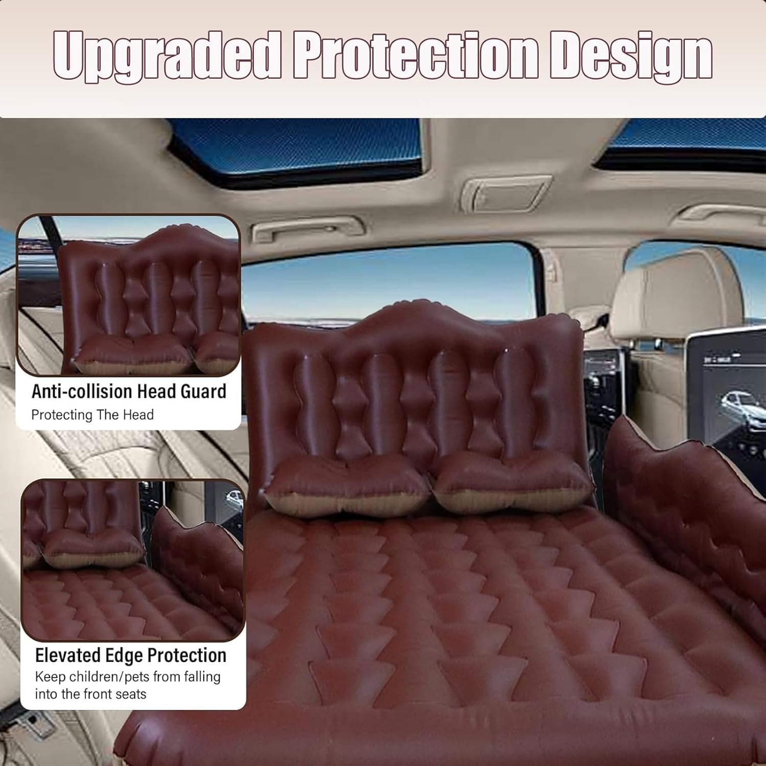 SUV Air Mattress for Back Seat – Inflatable Car Bed Backseat Mattress with 2 Pillows Thickened Portable Sleeping Pad Fits Most SUVs/Trucks for Travel, Home, RV – Soft Flocking + PVC Surface (Brown)