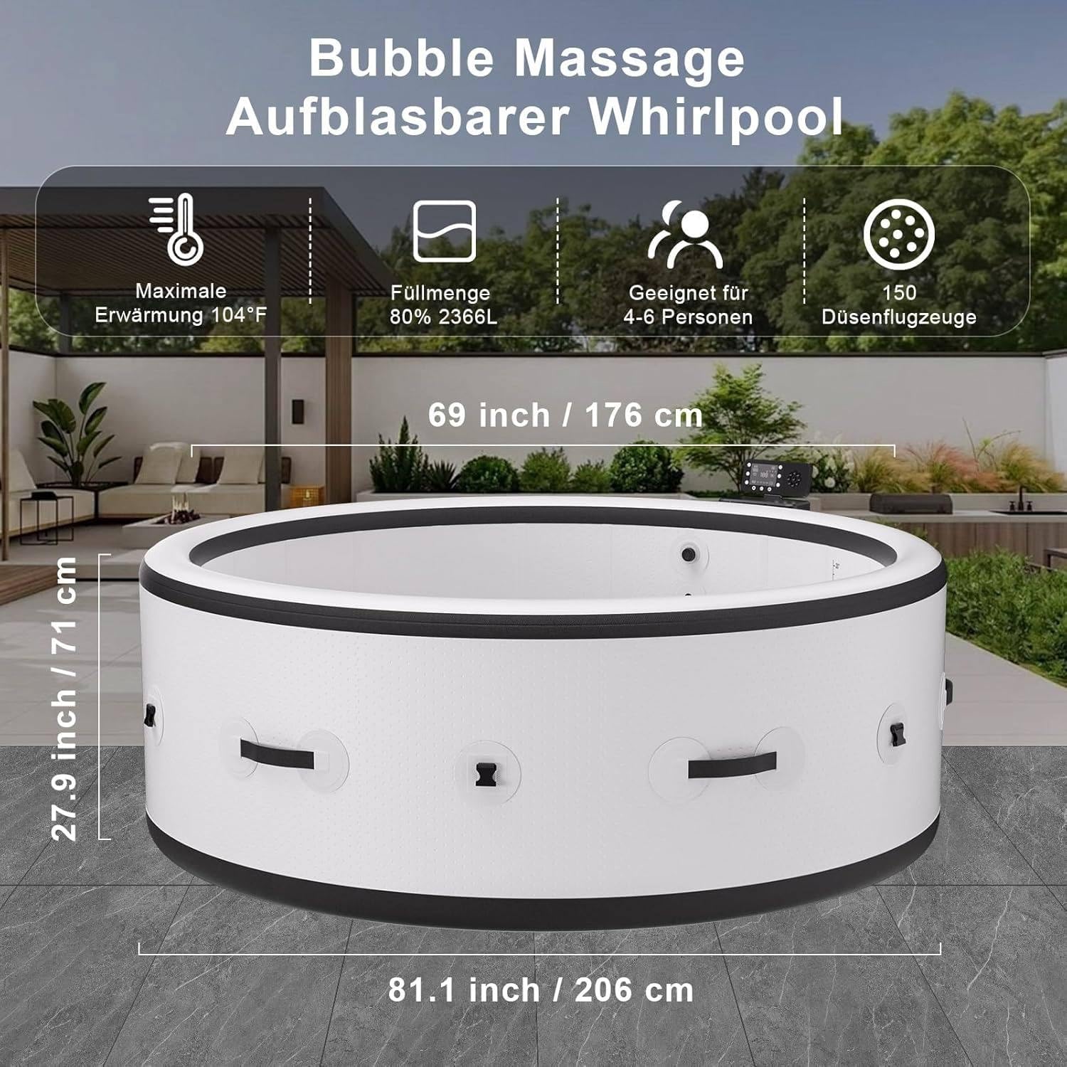 Vasca idromassaggio gonfiabile per 4-6 persone, spa rotonda portatile con massaggio a bolle e pannello di controllo digitale, perfetta per uso interno/esterno in cortile, patio o bordo piscina