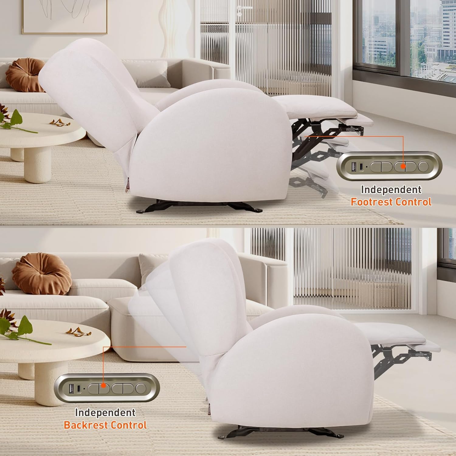 EONIX Stylish Power Glider Rocker Recliner Chair, Dual Motor Independently Controlled Footrest and Backrest, Detachable Headrest, Lazy Boy Recliner Chair for Living Room, SXXY010041, Cream White