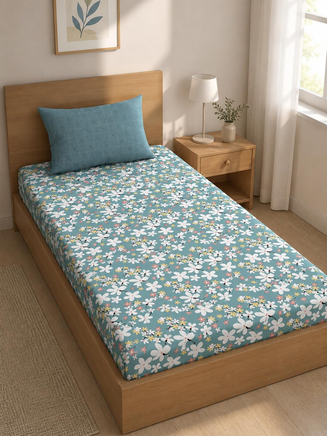 LOOMLYFE Microfiber Soft Cotton Single Bed Bedsheet for Diwan Bed, Size 60 Inches X 90 Inches, 152 X 230 cm with 1 Large Size Pillow Covers Without Joint - SkyBlueFlower