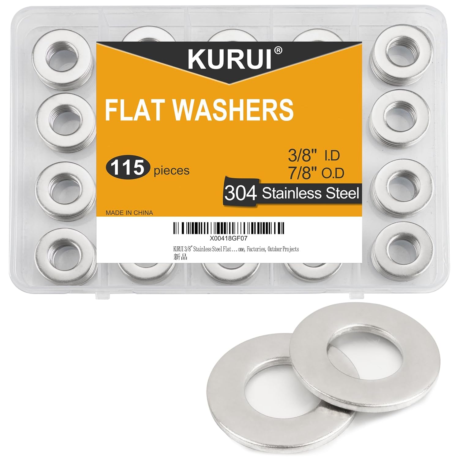 KURUI 3/8" Stainless Steel Flat washers, (115 Pcs) Metal Washers for Screws Bolts, 7/8" OD 18-8 (304) Washer for Various Home, Factories, Outdoor Projects - SAE