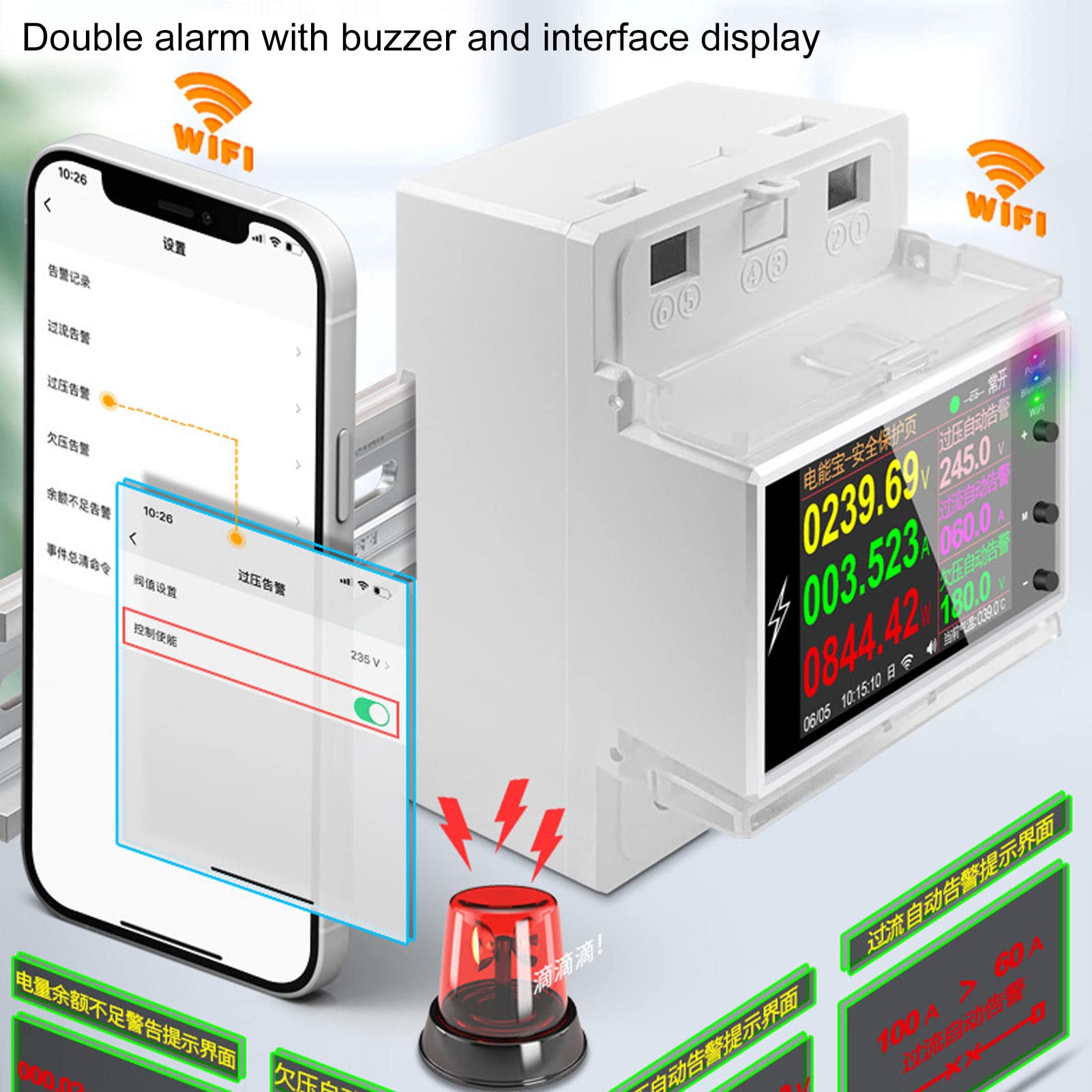 Luocute Medidor de Energía Eléctrica Inteligente, Medidor de Energía Ferroviaria DIN de 2.4in TFT, Monitor WiFi, Control Remoto, Medición de Energía, para el Hogar u Oficina, Ahorro de
