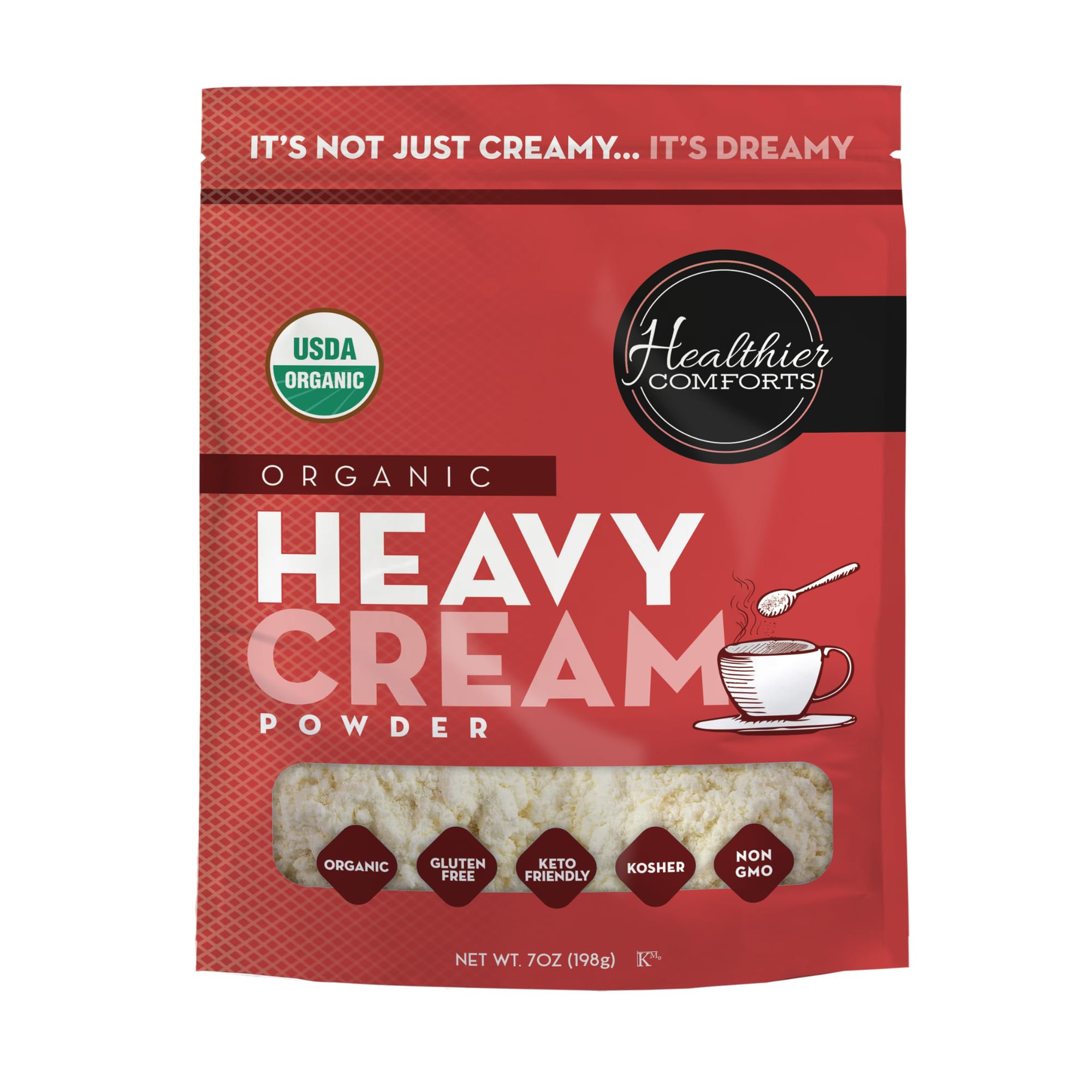Healthier Comforts Organic Heavy Cream Powder (72% Butterfat) | Certified USDA Organic, Kosher | Gluten Free, Non-GMO, Keto Friendly, Free of Antibiotics & Hormones (rBGH or rBST) | Made in USA (7 ounce)