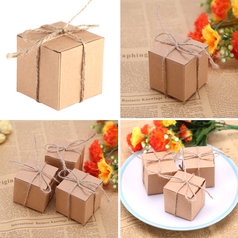 100 Pezzi Scatola Cuscini Regalo Scatole di Carta Kraft Marrone Vintage Contenitore di Caramelle con Corda Canapa per Matrimonio Compleanno Festa