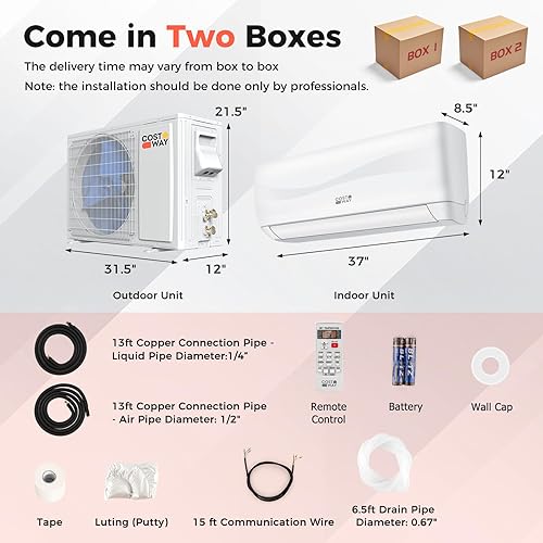 Miniatura 7 de COSTWAY Aire acondicionado y calentador mini dividido de 18000 BTU, unidad de CA sin conductos de 19 SEER2 208-230 V montada en la pared que enfría