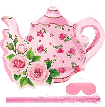 Aoriher 4 Pieces Tea Party Pinatas Tea Flower Themed Decorations Teapot Small Pinata Bundle with Blindfold and Stick Teacup Party Supplies Favors for BirthdayPink,Teapot