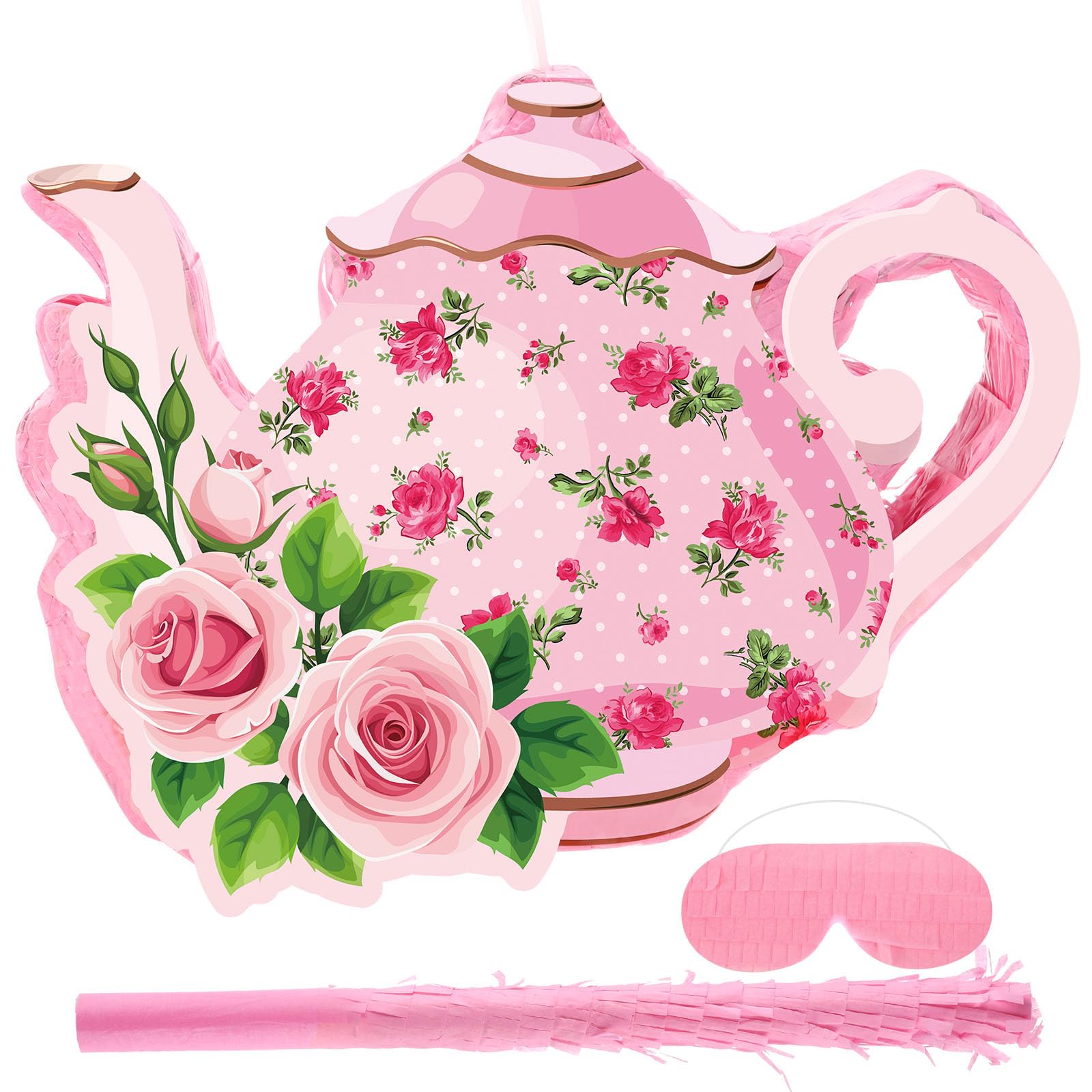 Aoriher 4 Pieces Tea Party Piñatas Tea Flower Themed Decorations Teapot Small Piñata Bundle with Blindfold and Stick Teacup Party Supplies Favors for