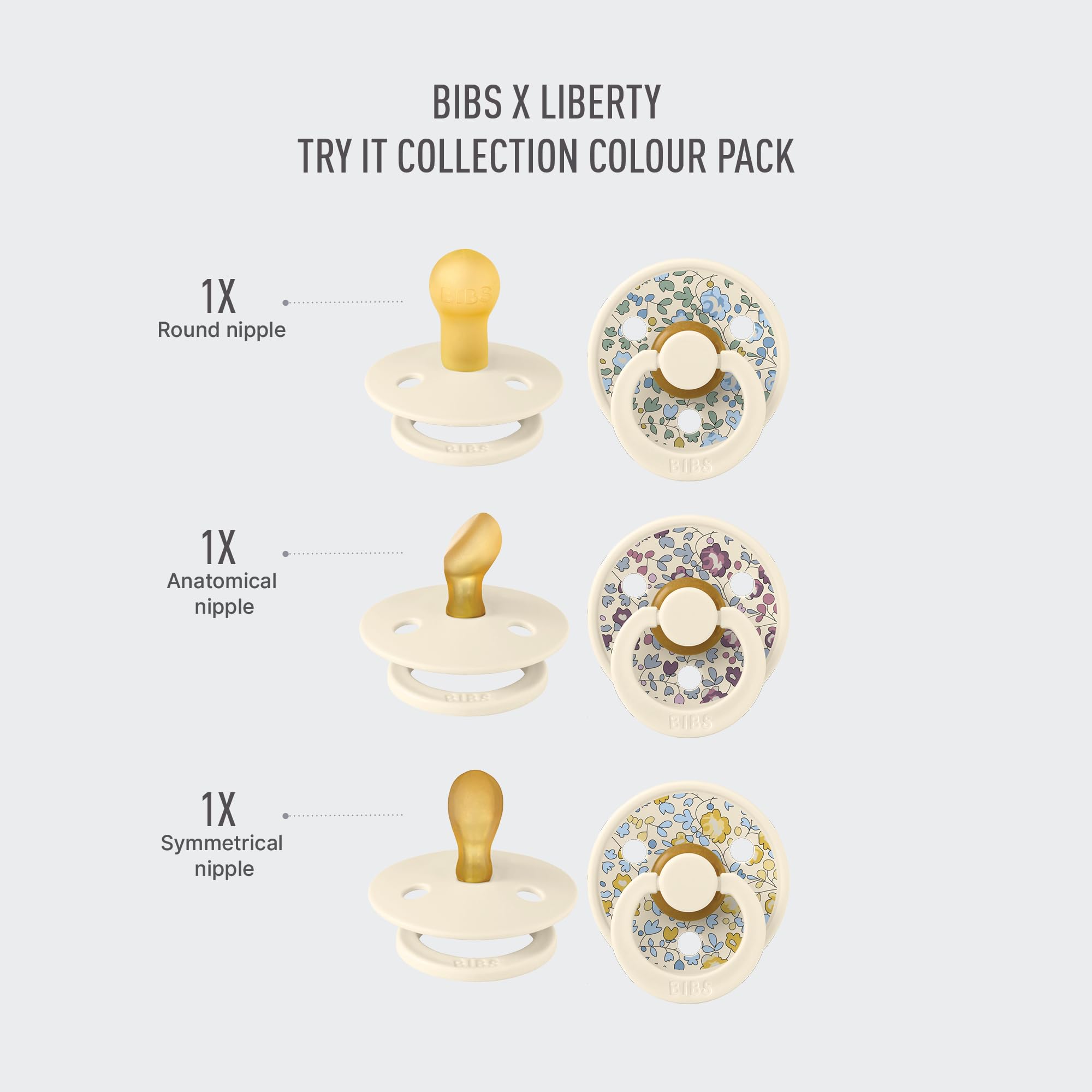 BIBS Colour Liberty Try-It Collection: 3 succhietti per le specifiche esigenze del bimbo, Tettarella tonda. Lattice di gomma naturale, Prodotto in Danimarca, 0+ mesi (set da 3), Eloise