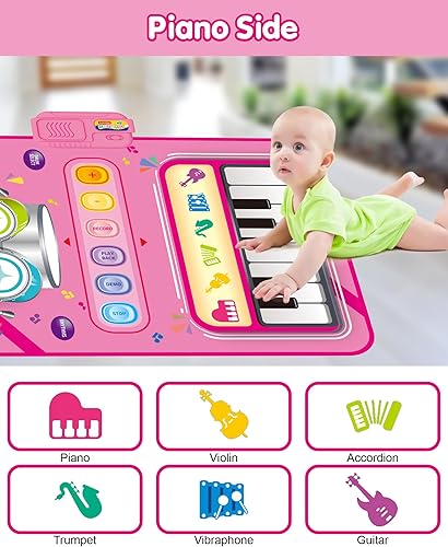 Toys for 1 Year Old Boy Gifts, Baby Musical Mat with Piano & Drum, Adjustable Volume, 12-18 Months Toddler Toys, Christmas Birthday Easter Gifts for 1-2 Year Olds Boys Girls (Blue)(Pink)